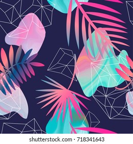 Abstract seamless pattern with ink element in memphis style. Hand drawn marbled background with tropical leaves and geometric element.