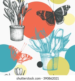 Abstract  seamless pattern with Ink hand drawn  butterflies and flowers  illustration. Vector background with highly detailed vintage butterflies, tulips and crocus sketch