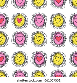 Abstract seamless pattern of ink hearts in ink circles on white background. Figure for textiles.