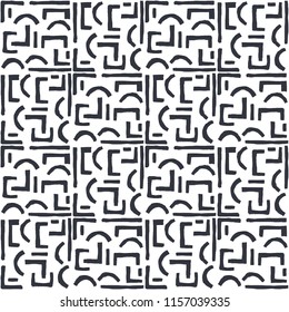 Abstract seamless pattern of ink lines of different thicknesses and forms  in a tiled arrangement. Figure for textiles. Grunge texture.