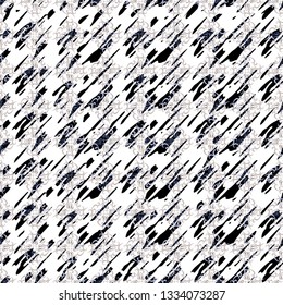Abstract seamless pattern with ink spatter shapes in geometric layout. Black, cream and blue vector illustration.