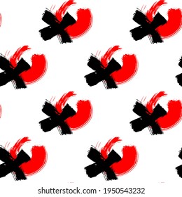 Abstract seamless pattern with ink strokes ornament isolated on white background. Grunge texture. Japanese style vector wallpaper. 