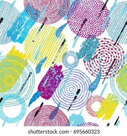 Abstract seamless pattern. Ink strokes, paint, watercolor, expression. Grunge texture. Black, white, blue, yellow and purple colors. Prints for textiles. Vector illustration.