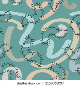 Abstract seamless pattern with insects. Caterpillars silhouettes and colored spots.