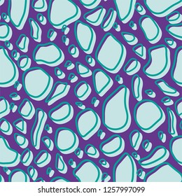 Abstract seamless pattern inspired by dalmatian dog spots and stones. Vector art with sketchy and handmade style. Bold and playful purple and turquoise shapes.