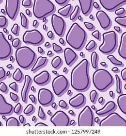 Abstract seamless pattern inspired by dalmatian dog spots and stones. Vector art with sketchy and handmade style. Bold and playful purple shapes.