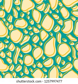 Abstract seamless pattern inspired by dalmatian dog spots and stones. Vector art with sketchy and handmade style. Bold and playful yellow and turquoise shapes.