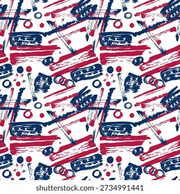Abstract seamless pattern inspired by the USA flag featuring expressive red, white, and blue brush strokes in a modern artistic style. This patriotic background combines hand-painted textures, grunge elements, and bold graphic shapes to create a dynamic repeating design. Perfect for Independence Day projects, Fourth of July celebrations, textile and fabric prints, wallpaper, wrapping paper, and creative digital backgrounds. The seamless tileable pattern offers a contemporary decorative look that captures American spirit and national pride, ideal for surface design, branding, and festive visual content.