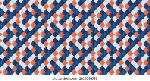 Abstract seamless pattern.  Interlocking blue, coral, and white shapes create a textured, woven effect.