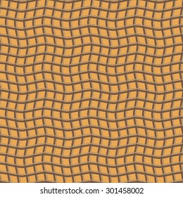 Abstract seamless pattern of intertwining wavy stripes. Winding checkered print. Visual illusion of hilly surface. Orange and brown colors. Vector illustration