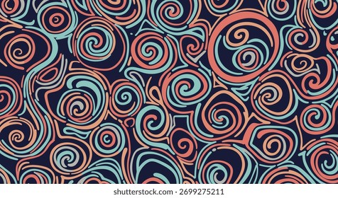 Abstract seamless pattern with intricate, colorful hand-drawn swirls and spirals in blue and orange on a dark background.