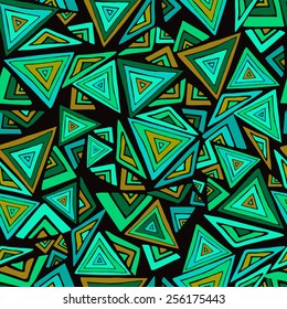 Abstract seamless pattern with irregular chaotic ornament made of hand drawn colorful triangles on black background. Clipping mask is used, vector illustration.