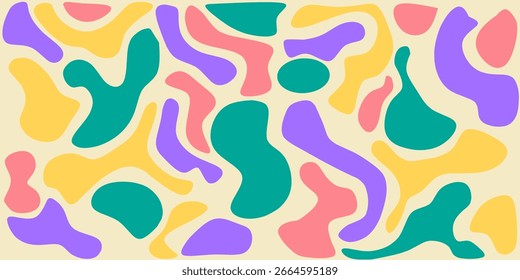 Abstractas patrón sin fisuras con manchas de colores irregulares en verde, amarillo, rosa y púrpura sobre un fondo beige claro.
