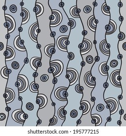 Abstract seamless pattern. Irregular waves, stripes, circles, semicircles, lines, hippie pattern. Vector.