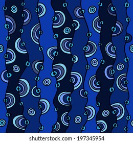 Abstract seamless pattern. Irregular waves, stripes, circles, semicircles, lines, hippie pattern. Painted hands. 