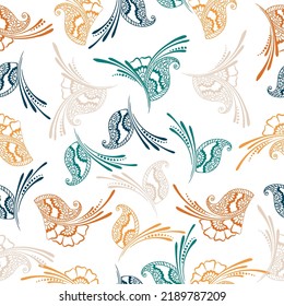 Abstract seamless pattern with isolated blue and white hand drawing flowers. Mixed small and large artistic daisy flower buds ornament.
