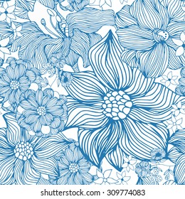 Abstract seamless pattern with isolated blue roses. Vector illustration.