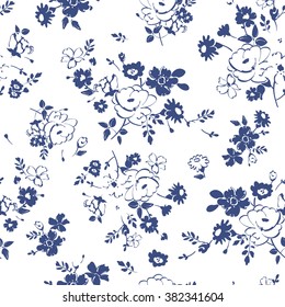 Abstract seamless pattern with isolated blue and white hand drawing flowers. Vector illustration.