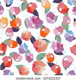 Abstract seamless pattern with isolated colorful hand drawn leaves and flowers on white background. Vector illustration.