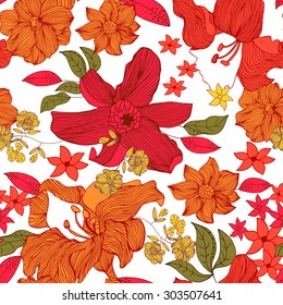Abstract seamless pattern with isolated colorful flowers. Vector illustration.