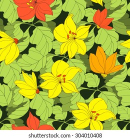 Abstract seamless pattern with isolated colorful flowers. Vector illustration.