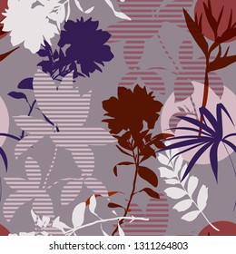 Abstract seamless pattern with isolated flowers silhouettes on colorful background. Vector illustration.