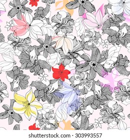 Abstract seamless pattern with isolated flowers. Vector illustration.