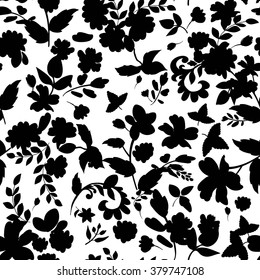 Abstract seamless pattern with isolated flowers silhouettes on white background. Vector illustration.