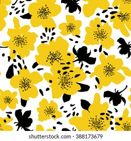 Abstract seamless pattern with isolated flowers silhouettes on white background. Vector illustration.