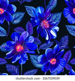 Abstract seamless pattern with isolated hand drawn colorful blue flowers on black background. Vector illustration.