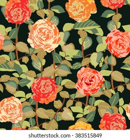 Abstract seamless pattern with isolated hand drawn roses on black background. Vector illustration.