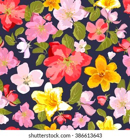 Abstract seamless pattern with isolated hand drawn flowers. Vector illustration.