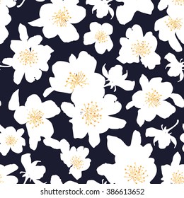 Abstract seamless pattern with isolated hand drawn white flowers. Apple-tree flowers . Sakura flowers. Vector illustration.