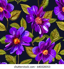 Abstract seamless pattern with isolated hand drawn colorful flowers on dark background. Vector illustration.