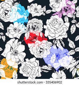 Abstract seamless pattern with isolated roses. Vector illustration.