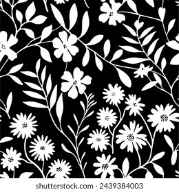 Abstract seamless pattern with isolated white leaves and flowers silhouettes on black background. Vector illustration.