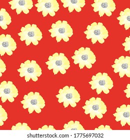 Abstract seamless pattern with isolated yellow flowers silhouettes on red background. Vector illustration.Floral seamless pattern design. Summer flowers and leaves. Cute hand drawn vector illustration