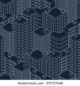 Abstract Seamless Pattern. Isometric Building At Night. Dark Blue Color. Linear Style. The Outlines Of Skyscrapers. House With Windows. The Neighborhood. City Street. Vector Illustration.