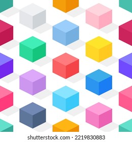 Resumen de un patrón sin fisuras de cubos isométricos coloridos con sombra. Ilustración vectorial aislada en fondo blanco. Se puede usar para embalar, textil, web, aplicación, papel tapiz y otros diseños 