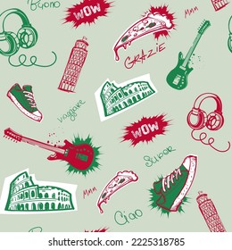 Abstract seamless pattern with Italy flag colors, coliseum Rome linear illustration, pizza slice, Keds, tower of Pisa, post stamp, guitar, headphones, Italian phrases. Travel repeat ornament