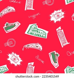 Abstract seamless pattern with Italy flag colors, Rome coliseum linear illustration, pizza slice, Keds, tower of Pisa, post stamp, photo camera. Travel repeat ornament with Italian elements.