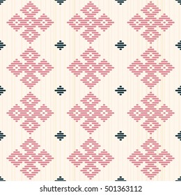 Abstract seamless pattern. Japanese Kogin embroidery style. Traditional ornaments Hana-tsunagi and Kacharazu. Geometric illustration. Simple asian ornament for stitching.