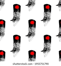 Abstract seamless pattern in Japanese style with black and red ink brush strokes isolated on white background. Ink grunge texture. 	