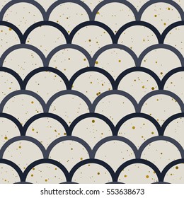 Abstract seamless pattern. Japanese style, fish scale. Gold splash, indigo and white colors. Vector design for fabric, wallpaper and wrap.