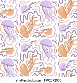 Abstract seamless pattern with jellyfish. Vector illustration in pastel colors.
