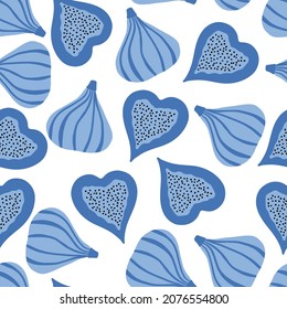 Abstract seamless pattern with juicy figs. Hand drawn fruits and sliced ​​pieces. Summer tropical endless background with figs. Vector pattern. On white background.