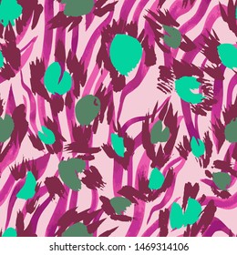 Abstract seamless pattern with jungle camouflage animal texture. Artistic animal skin leopard spots fur with zebra stripes skin background. Trendy stripes pattern. Good for fabric, textile, wrapping. 