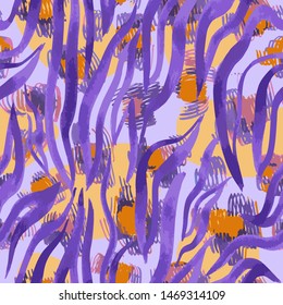 Abstract seamless pattern with jungle camouflage animal texture. Artistic animal skin leopard spots fur with watercolor zebra stripes skin background. Trendy wavy stripes animal pattern.