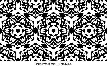 Abstract seamless pattern with kaleidoscope. Symmetric patterns of reflections of figures.
