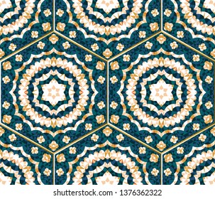 Abstract seamless pattern with kaleidoscope. Symmetric patterns of reflections of figures.